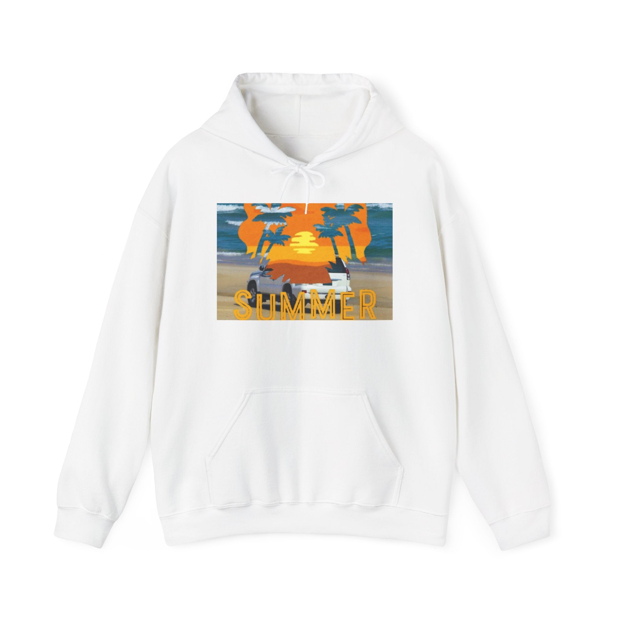 Summer Sunset Beach Hoodie – Palm Trees & Surf Graphic