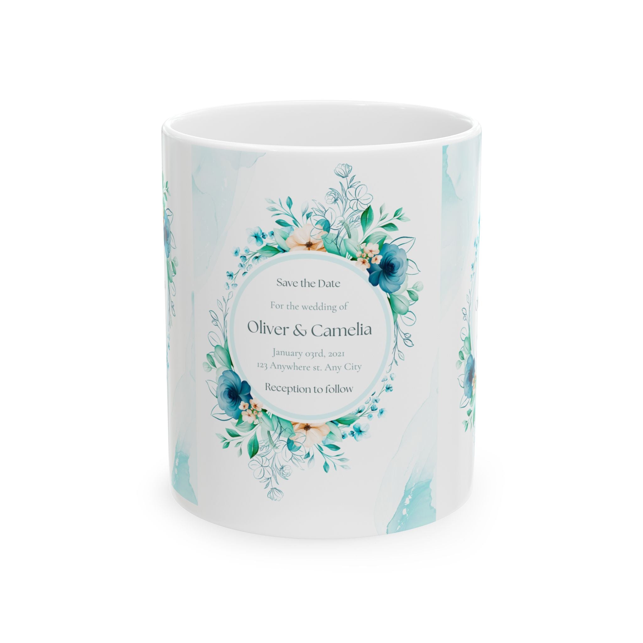 Floral 'Save the Date' Wedding Invitation Ceramic Mug — Personalized Names & Date