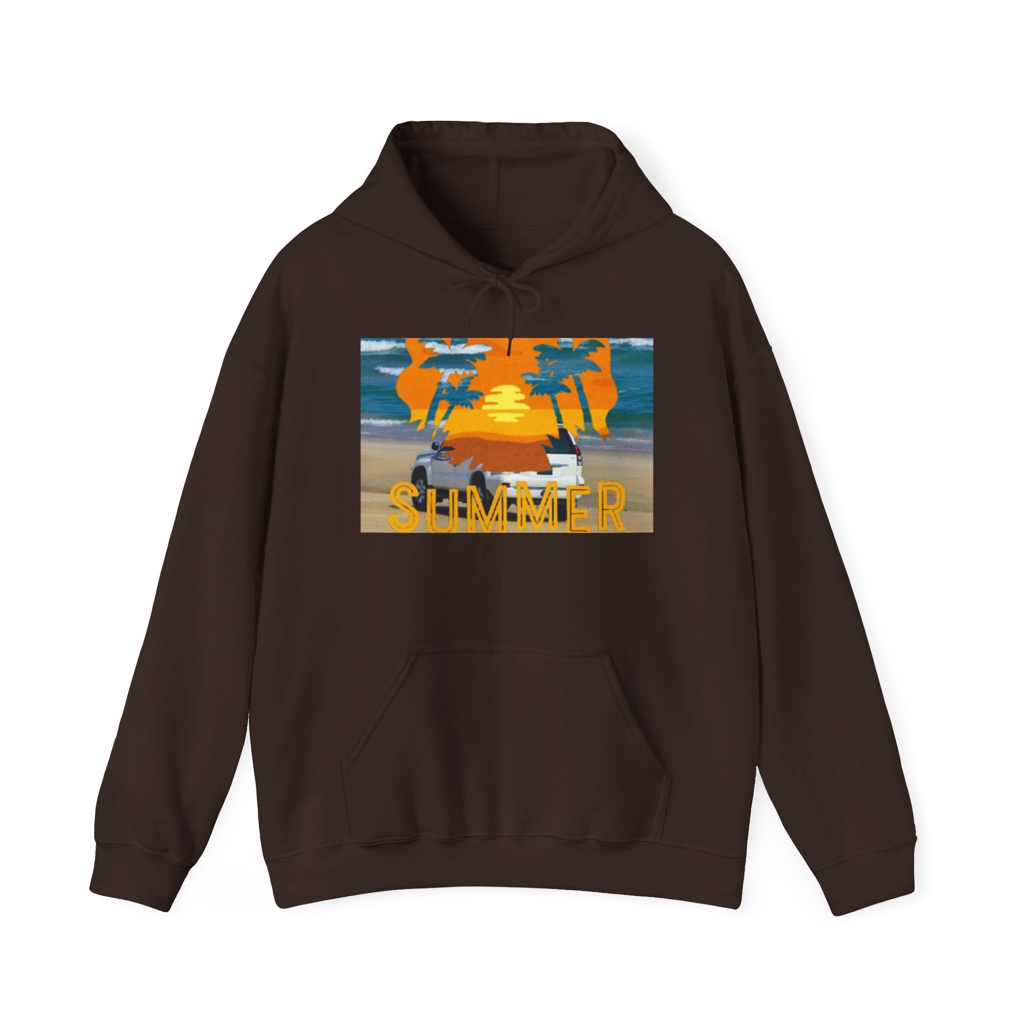 Summer Sunset Beach Hoodie – Palm Trees & Surf Graphic