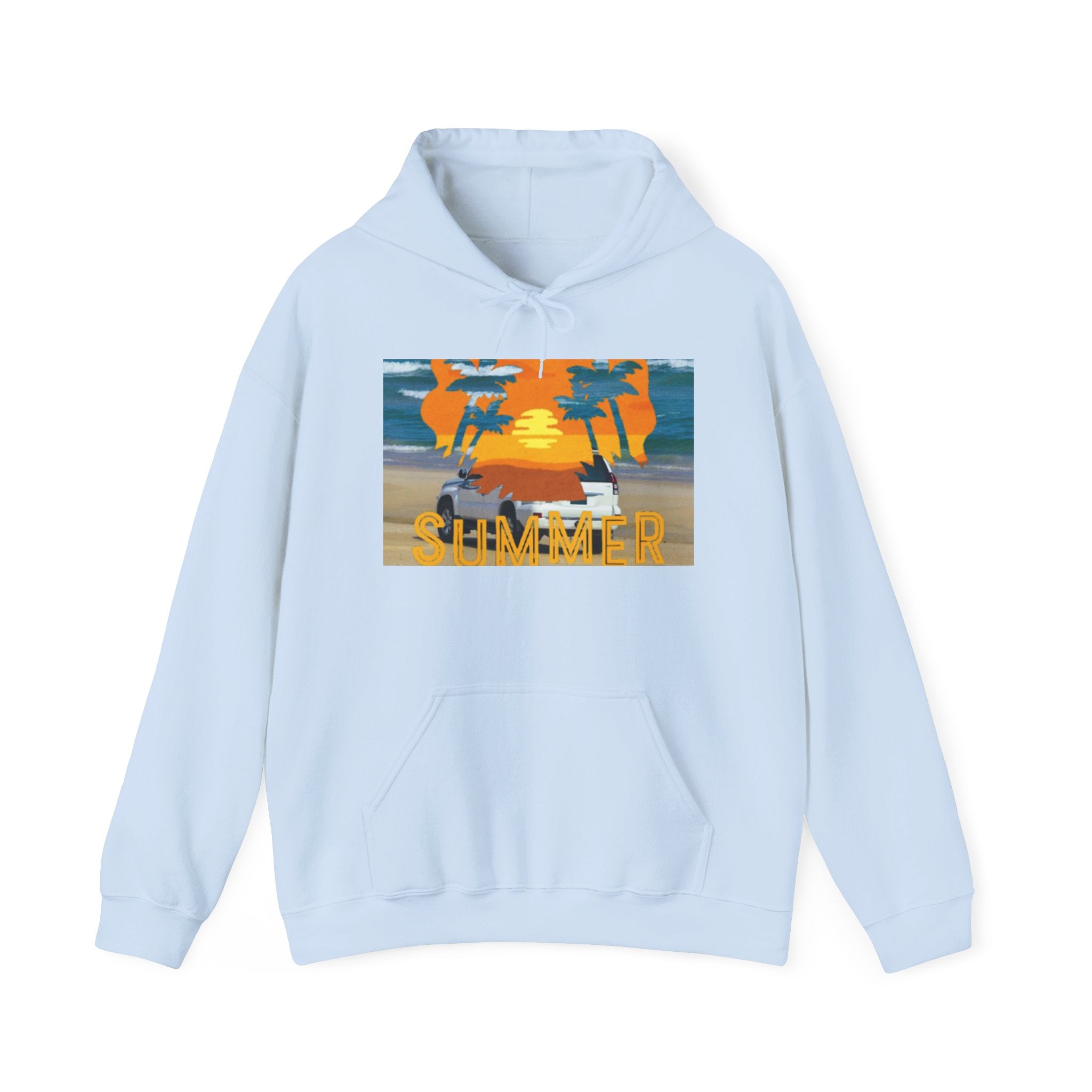 Summer Sunset Beach Hoodie – Palm Trees & Surf Graphic