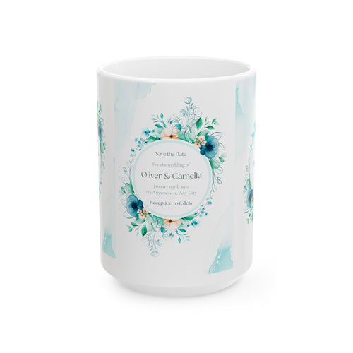 Floral 'Save the Date' Wedding Invitation Ceramic Mug — Personalized Names & Date
