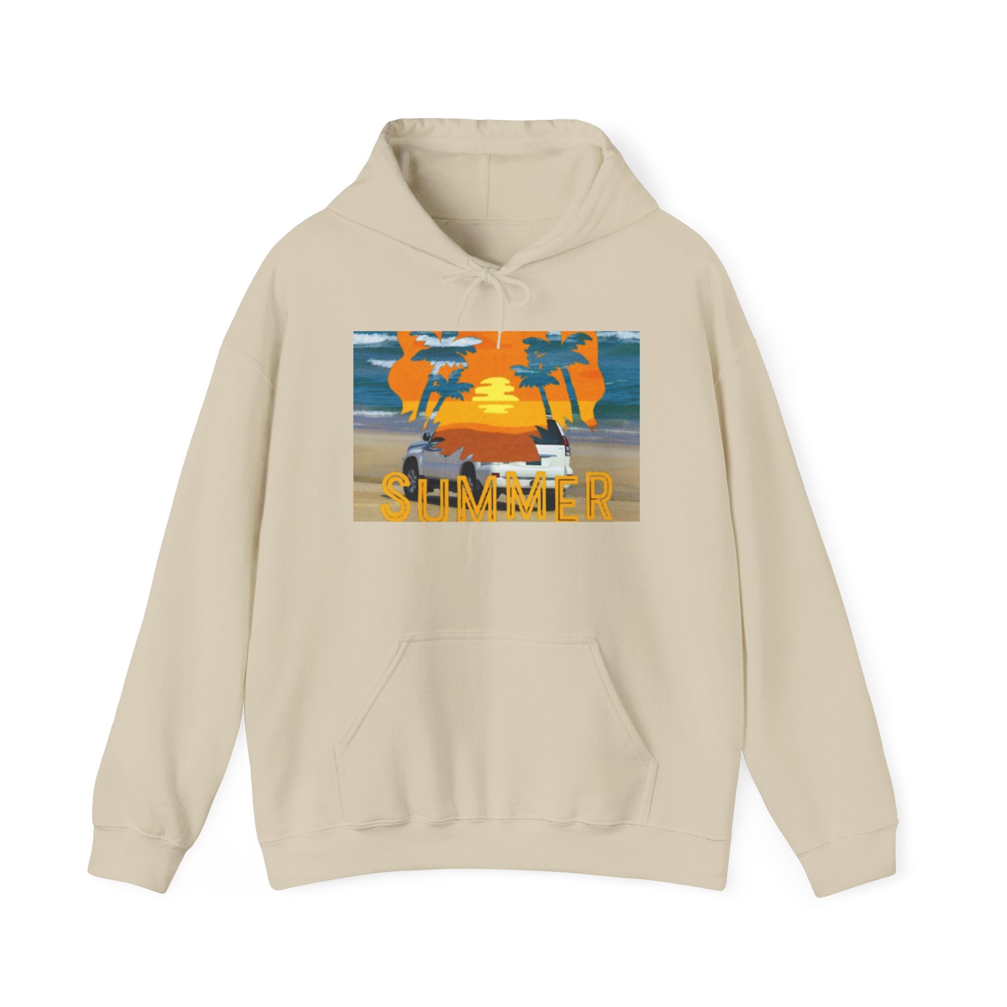 Summer Sunset Beach Hoodie – Palm Trees & Surf Graphic